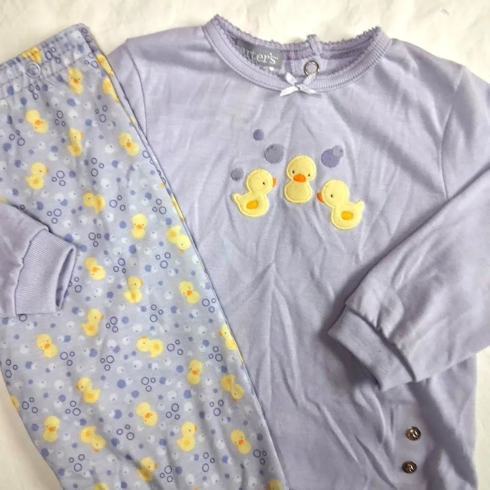 Vtg Carter's Purple 2pc Duck Pajamas Sz 18 Mos Snap Footie Pants Top Bubbles